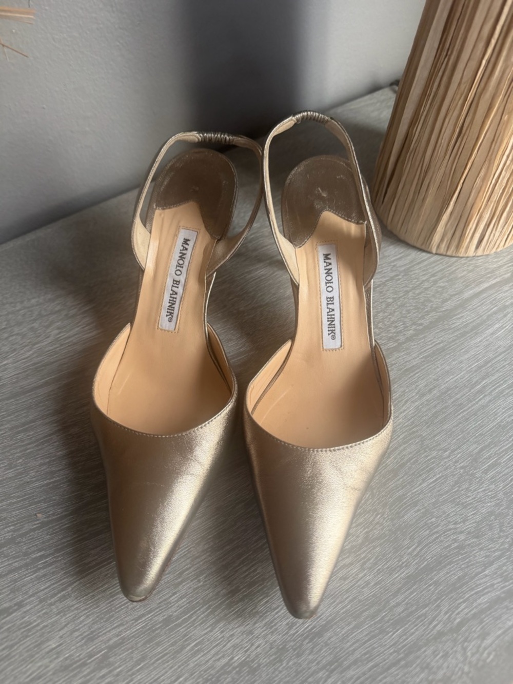 Manolo Blahnik Gold Pointed Slingback Pumps